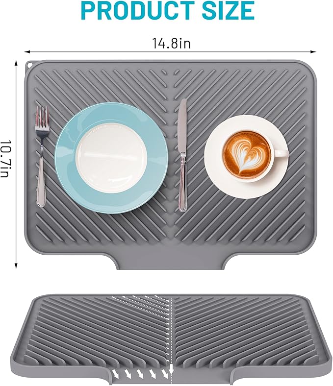 Dish Drying Mat Kitchen Counter - Silicone Dish Drying Pad with Built-in Drain for Sink, Refrigerator and Drawer Liner, Easy Clean, Non-Slip, Heat Resistant, 14.8" x 10.7" - Image 3