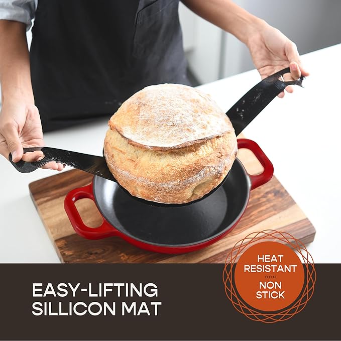 Krustic Enameled Cast Iron Dutch Oven for Sourdough Bread Baking | 6 Quart Pot with Lid | 10 Inch Ceramic Enamel Thick Coated Cookware Set with Non Stick Silicone Baking Mat for Cooking | 6 Qt | Red