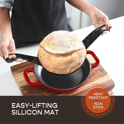 Krustic Enameled Cast Iron Dutch Oven for Sourdough Bread Baking | 6 Quart Pot with Lid | 10 Inch Ceramic Enamel Thick Coated Cookware Set with Non Stick Silicone Baking Mat for Cooking | 6 Qt | Red