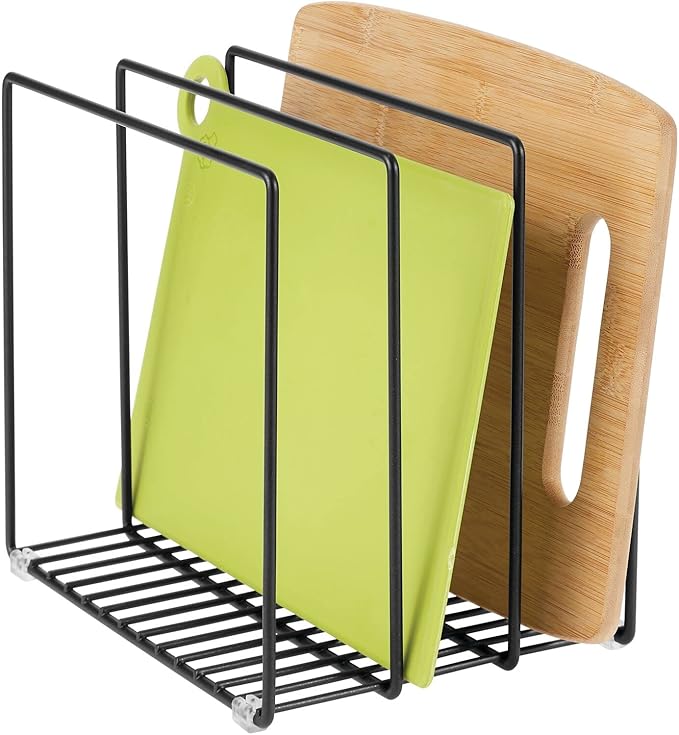 mDesign Steel Storage Tray Organizer Rack for Kitchen Cabinet - Divided Holder with 3 Slots for Skillets, Frying Pan, Pot Lids, Cutting Board, Baking Sheets - Concerto Collection - Black - Image 5
