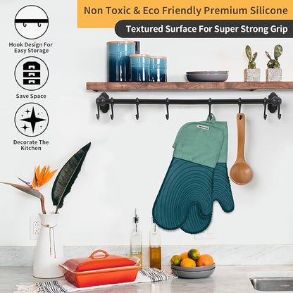 Silicone Oven Mitt Pack,Cotton Lined Gloves, BPA-Free, Long Cooking Mitts and Trivet Mats, Silicone Grilling Gloves for BBQ, 2 Pieces, (Green) - Image 6