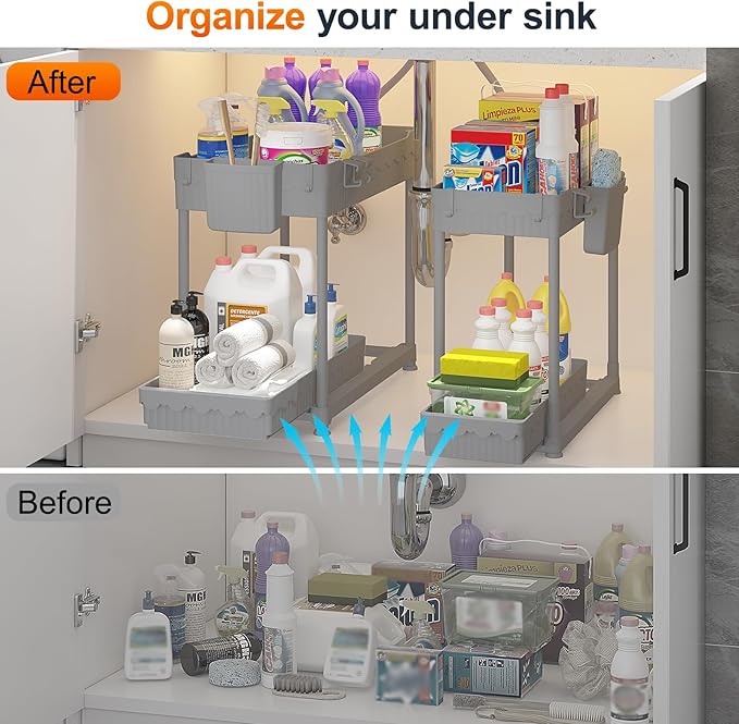 Sevenblue Under Sink Organizer, Bathroom Organizers and Storage, 2 Tier Multi-Use Pull Out Cabinet Organizer with Hang Hooks and Cups (Gray, 4 Pack) - Image 3