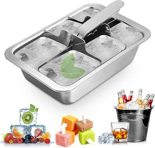 Ice Cube Trays, Large 6-cube Stainless Steel Ice Cube Trays with Easy Release Levers for Professional Drinkers– Portable Reusable Metal Ice Maker for Family Bar - Send Goods From Local Warehouse by Unknown