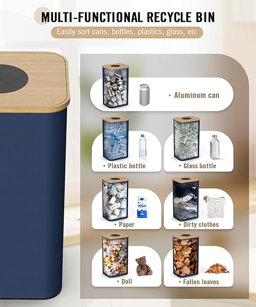 Recycling Bins for Kitchen, 26 Gallon (100L) Recycle Bin with Bamboo lid, Indoor Oxford Fabric Recycling Trash Can with 2pcs Removeable and Reusable Inner Bags for Bottle Can Glass Plastice, Blue - Image 3