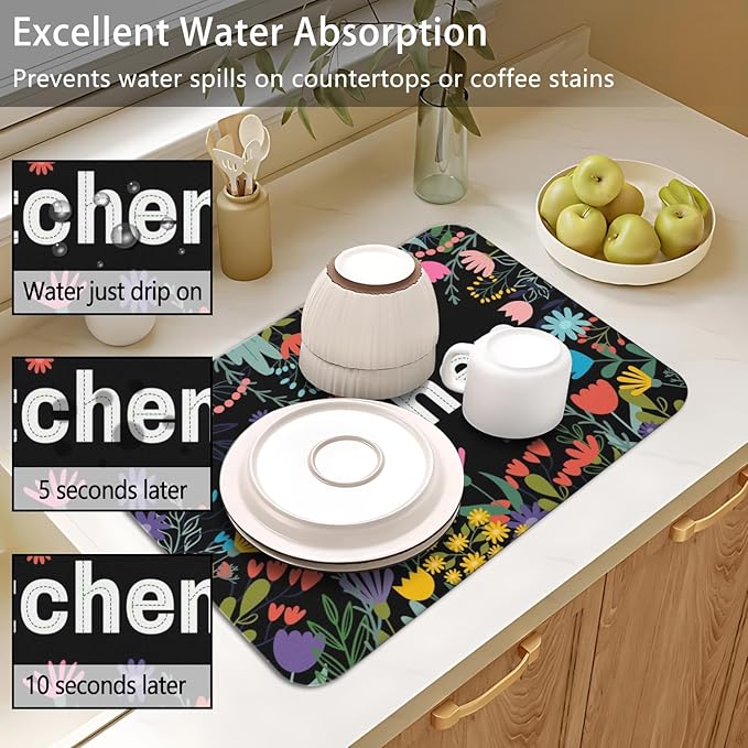 Dish Drying Mat for Kitchen Counter 2 Pack with Non-Slip Rubber Backing - Heat-Resistant Absorbent Coffee Bar Mat, Dish Rack Mat, Black Kitchen Flowers Dish Drying Mats 18x24+19.5x12 inch