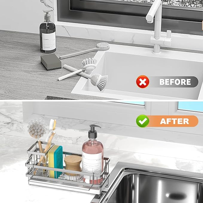Sponge Holder for Kitchen Sink - Countertop Rustproof Stainless Steel, Kitchen Gadgets Accessories, Sink Caddy (Silver) - Image 6