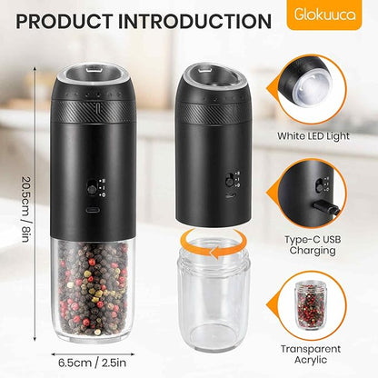 Gravity Electric Salt Grinder Set with Variable Grinding Speed, External Adjustable Coarseness, One Hand Operation, Upgraded Larger Capacity,White LED Light, Black 2 Pcs - Image 2