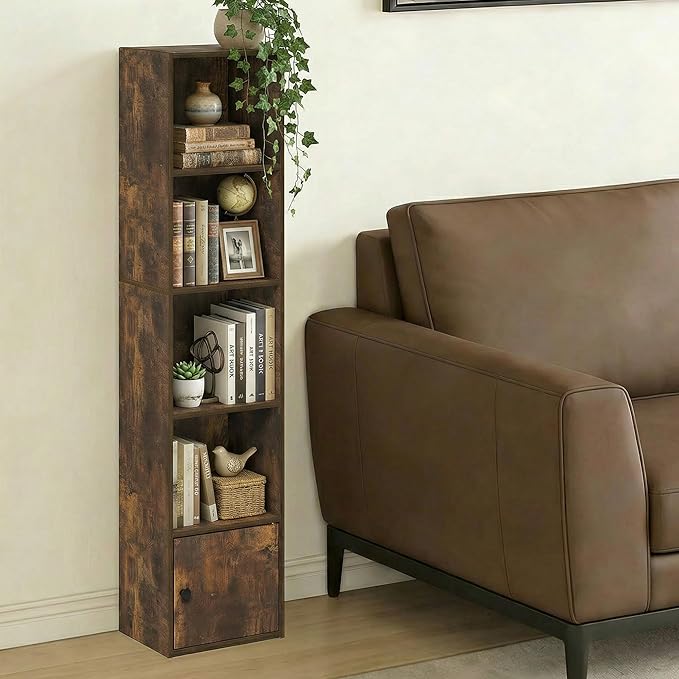 Furinno LUDER Book Shelf, 5-Tier Bookshelf with Open Shelf, Standing Bookcase with 1 Door Cabinet, 9.3 x 12 x 52, for Organization and Storage, for Living Room, Bedroom, Home Office, Amber Pine - Image 4