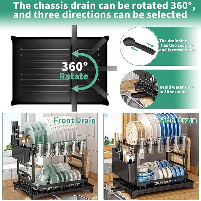 XLMYS Dish Drying Rack, 2 Tier Large Dish Drying Rack for Kitchen Counter with Drainboard Stainless Steel Dish Drainer for Dish/Knifes/Cup/Cutting Board, Black - Image 2