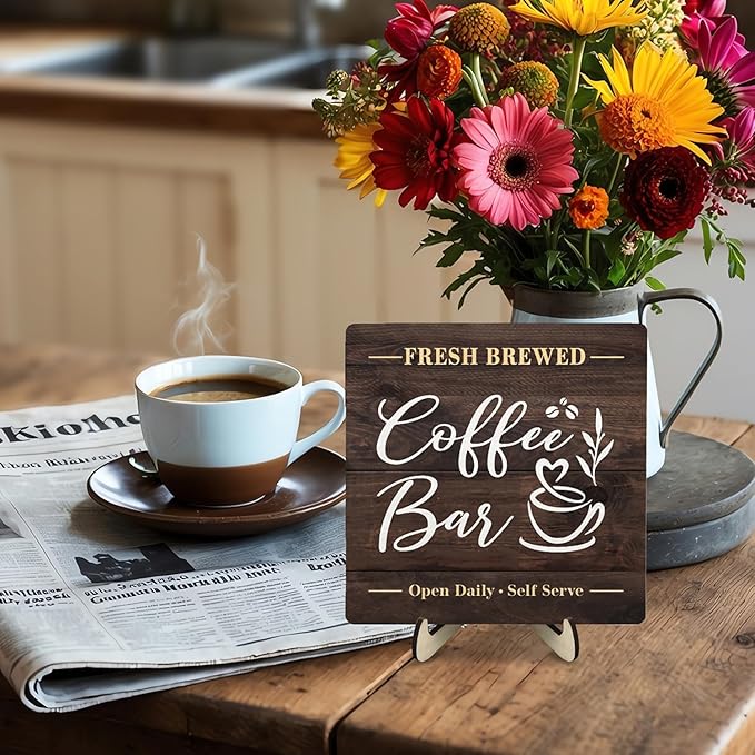 Coffee Bar Sign Plaque, Rustic Wooden Tabletop Plaque with Stand, Vintage Farmhouse Café Counter Sign for Kitchen Coffee Station, Fresh Brewed Mini Bar Decor 5.9x5.9inch - Image 6