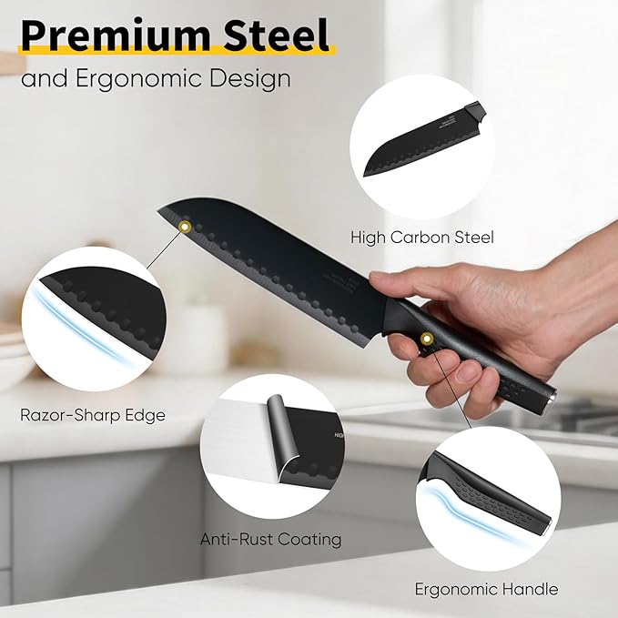 E-far Knife Set, 15-Piece Kitchen Knife Block Set with Sharpener, High Carbon Steel Chef Paring Steak Knives with Ergonomic Non-Slip Handle, Anti-Rust & Razor Sharp, Black - Image 3