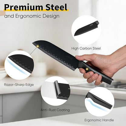 E-far Knife Set, 15-Piece Kitchen Knife Block Set with Sharpener, High Carbon Steel Chef Paring Steak Knives with Ergonomic Non-Slip Handle, Anti-Rust & Razor Sharp, Black - Image 3