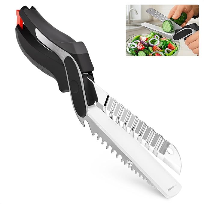 Cutting Board Scissors for Food – 6-in-1 Kitchen Shears with Ribbed Blade, Automatic Spring & Safety Lock, Dishwasher Safe – Cheese Scissors for Easy Slicing of Meat, Fish, Veggies, Fruits & Bread by LIBERHAUS
