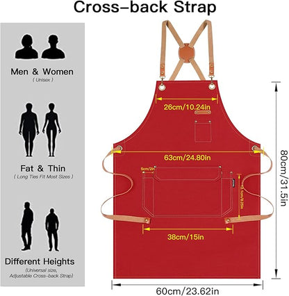 Genixart 6 Bulk Pack Chef Apron for Men Women with Pockets, Cross Back Apron for Kitchen Cooking Baking Artist Painting, Cotton Canvas Work Aprons for Restaurant, Cafe Shop, Garden (Red, M to XXL)