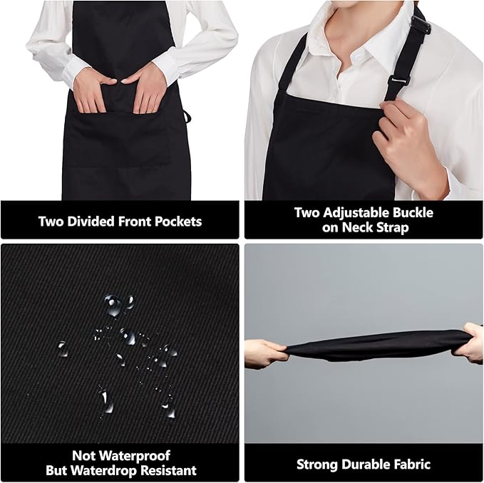 Jubatus 12 Pack 100% Cotton Aprons Bulk with 2 Pockets Cooking Chef Kitchen Adjustable Bib Apron for Women Men, Black - Image 5