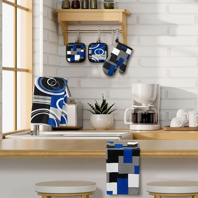 Jingmore 6 Pcs Kitchen Decor Set Accessorie Farmhouse Kitchen Towels Pot Holders Oven Mitts Set 2 Dish Towels 2 Pot Holders 2 Cooking Mittens Oven Glove for Cooking(Blue and Black,Geometric) - Image 4