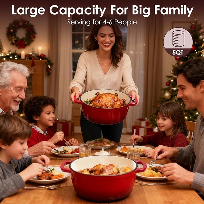 Enameled Cast Iron Dutch Oven Pot With Lid - AIVIKI 5QT Dutch Oven for Bread Baking With Cotton Potholders - Heavy-Duty Cookware for Braising, Stew, Roasting, Oven Safe up to 500°F, Red - Image 6