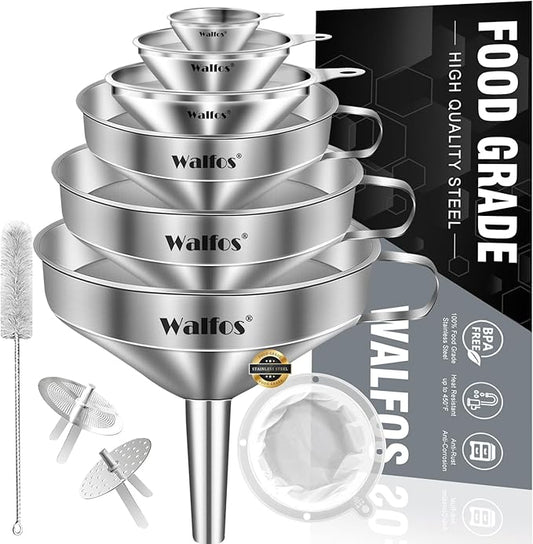 Stainless Steel Funnel, Walfos 6 Different Sizes of Kitchen funnels with 2 Removable Strainer ＆ 1Pcs Cleaning Brush, 200 Mesh Food Filter Strainer,for Transferring of Liquid, Oils, Jam, Powder by Walfos