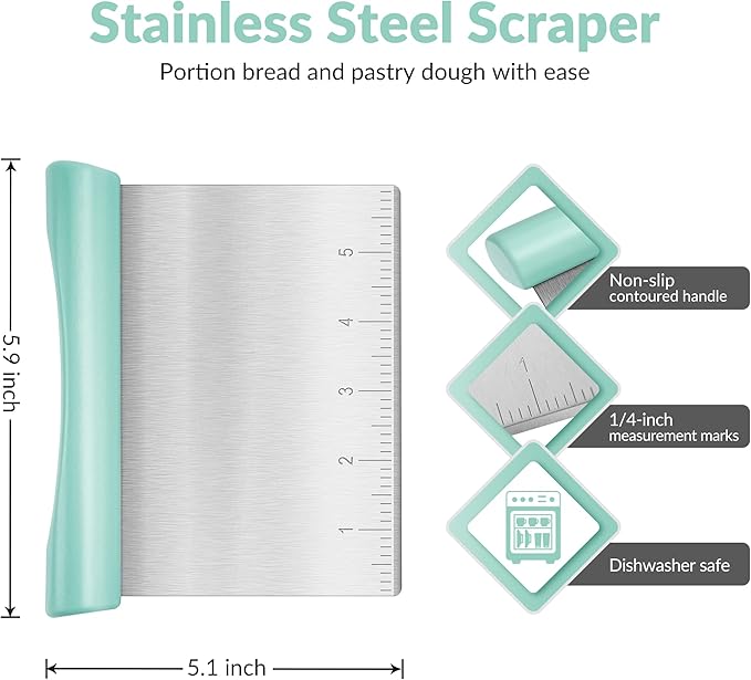 Upgraded 304 Stainless Steel Multi-Purpose Bench Scraper with Measurement Marks, Dishwasher Safe, Dough Cutter for Pizza, Bread and Cookie Dough Vegetable Chopper, Baking Supplies, Mint Green - Image 2