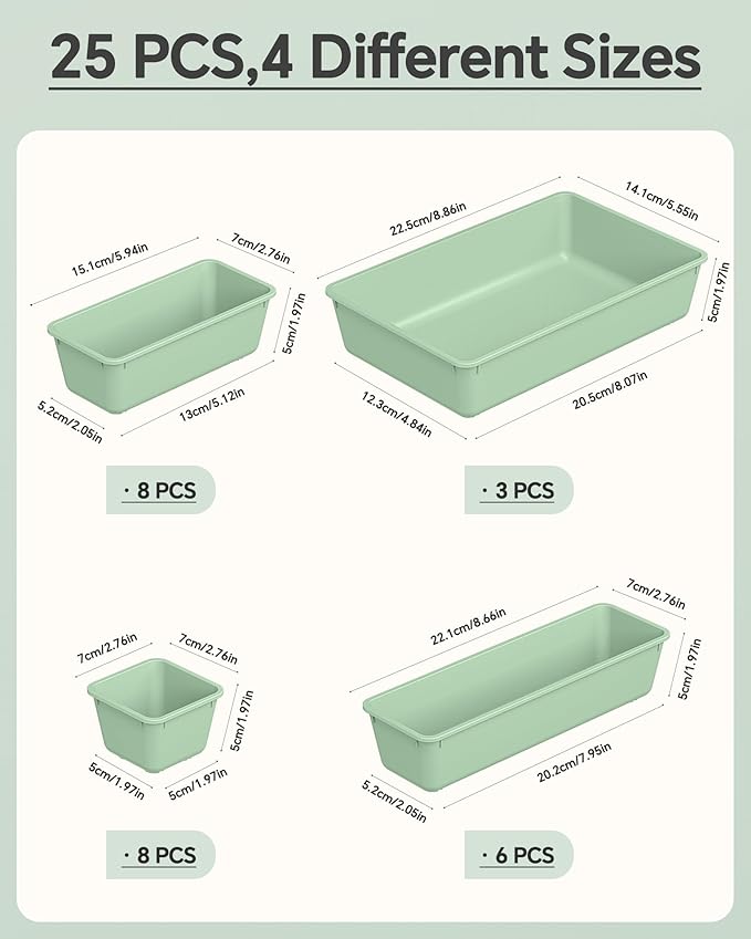 KEMETHY 25 PCS Plastic Drawer Organizers Set, 4 Sizes Vanity Organizer, Makeup and Desk Drawer Organizer Trays, Organization and Storage for Makeup, Bathroom, Kitchen Utensils and Office (Green) - Image 2