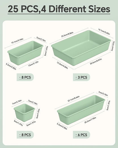 KEMETHY 25 PCS Plastic Drawer Organizers Set, 4 Sizes Vanity Organizer, Makeup and Desk Drawer Organizer Trays, Organization and Storage for Makeup, Bathroom, Kitchen Utensils and Office (Green) - Image 2