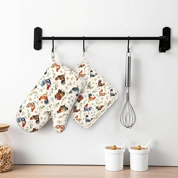 Cute Chicken Oven Mitts and Pot Holders Set, Heat Resistant & Non-Slip Silicone Oven Gloves for Handling Hot Pots, Pans, Baking, Grilling and BBQ