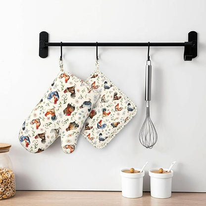 Cute Chicken Oven Mitts and Pot Holders Set, Heat Resistant & Non-Slip Silicone Oven Gloves for Handling Hot Pots, Pans, Baking, Grilling and BBQ