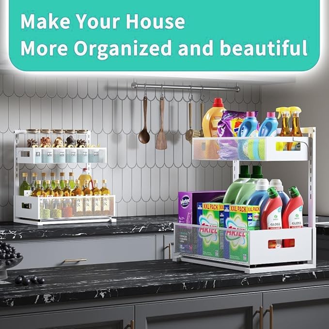 Petiza Under Sink Organizer Adjustable Height 2 Tier Bathroom Organizer Pull Out Cabinet Organer kitchen organizers and storage fridge organizers and storage,White,XL-1 Pack - Image 8