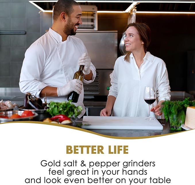 vzaahu Golden Salt and Pepper Grinders with Funnel, Brush - Adjustable Coarseness Shiny Gold Cap Seasalt Peppermill Set Refillable with Magnetic Lid, for Modern, Kitchen Decoration Gift - Image 3