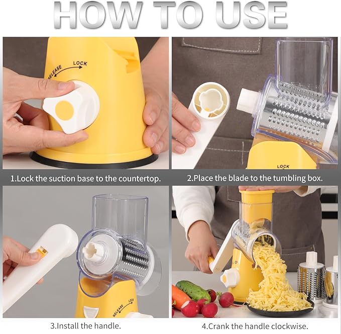 Cambom Rotary Cheese Grater Hand Crank Cheese Shredder for Fresh Cheese, Vegetable, Nuts,Non-slip Suction Base, Free Cleaning Brush Three Blades,Yellow - Image 8