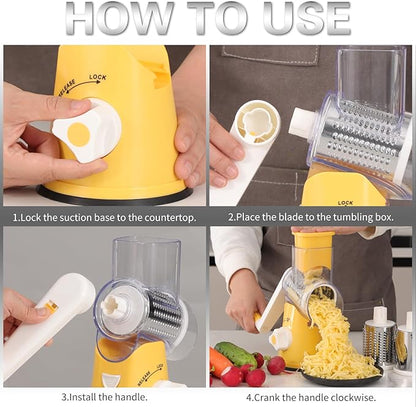 Cambom Rotary Cheese Grater Hand Crank Cheese Shredder for Fresh Cheese, Vegetable, Nuts,Non-slip Suction Base, Free Cleaning Brush Three Blades,Yellow - Image 8