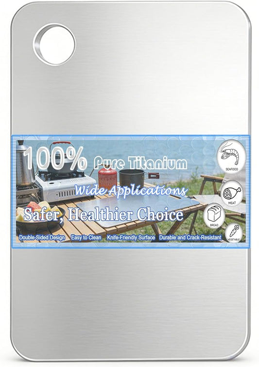100% Pure Titanium Cutting Board, Double-Sided Titanium Cutting Boards for Kitchen Dishwasher Safe, Camping Metal Charcuterie Chopping Board Mat for Meat, Fruit & Cheese (M, 9.6”×6.1”) by Unknown