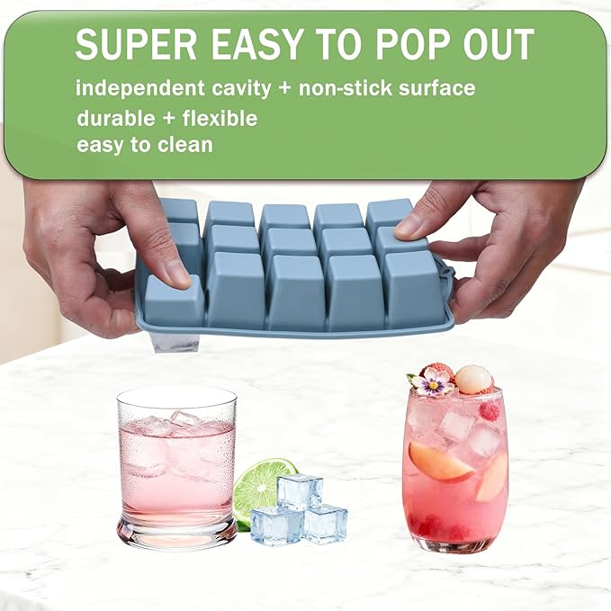 Ice Cube Trays for Freezer, 3 Pack Easy Release Slicone Ice Cube Tray with Lid, BPA Free Stackable Flexible Ice Mold 15 Square Reusable Ice Cubes for Whiskey, Baby Food, Ice Coffee (Grey+Blue+Green) - Image 3