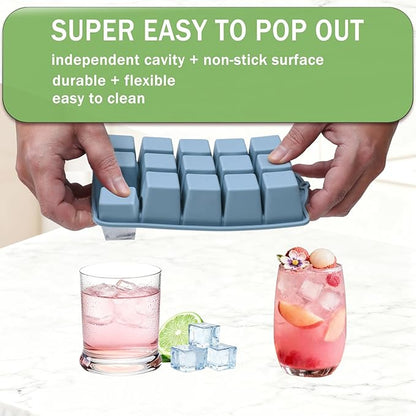 Ice Cube Trays for Freezer, 3 Pack Easy Release Slicone Ice Cube Tray with Lid, BPA Free Stackable Flexible Ice Mold 15 Square Reusable Ice Cubes for Whiskey, Baby Food, Ice Coffee (Grey+Blue+Green) - Image 3