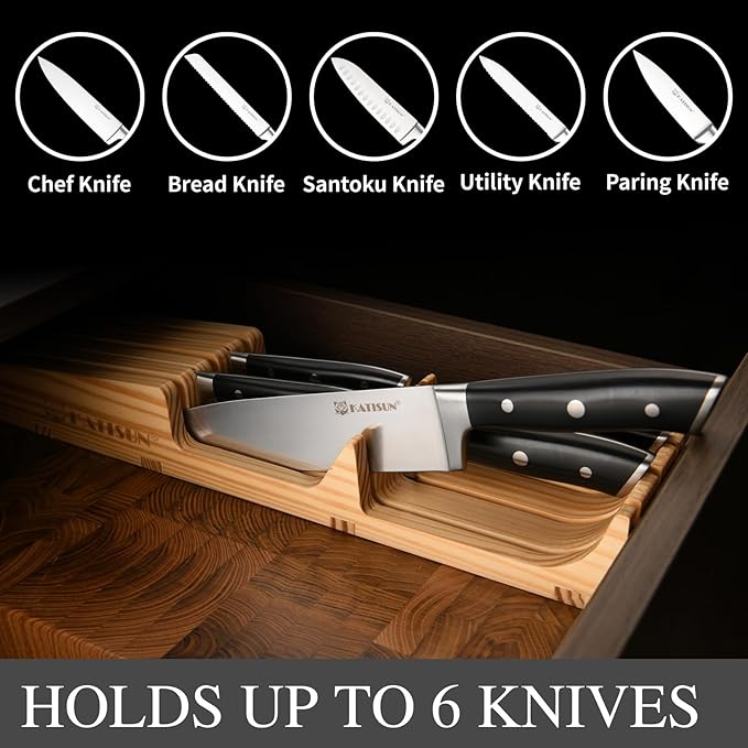 In-Drawer Knife Block with 5 Pieces Knives, Bamboo Knife Drawer Organizer for Kitchen, Perfect for Home and Chefs, Premium Knife Holder, Slots for 5 Knives Kitchen Drawer, Counter Top - Chef Gift Idea - Image 4