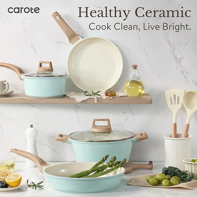 CAROTE 21-Piece Ceramic Pots and Pans Cookware Set, Non Stick Induction Cook Ware Kitchen Cooking Set Non-Toxic Health, PFAS Free - Image 6