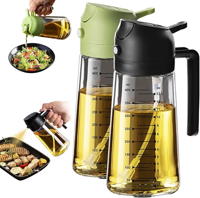 TrendPlain 16oz/470ml Glass Olive Oil Sprayer for Cooking – 2 in 1 Olive Oil Dispenser Bottle for Kitchen Gadgets and Air Fryer Accessories, Salad, BBQ - Black & Green by TrendPlain