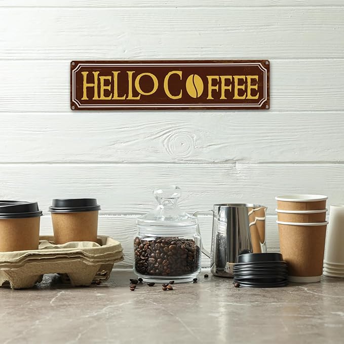 Hello Coffee Signs, Retro Metal Tin Sign, Home Kitchen Wall Decor, Farmhouse Decorations for Cafe, Coffee Station Decors, Decorative Metal Wall Signs 15.8x4 Inches - Image 4