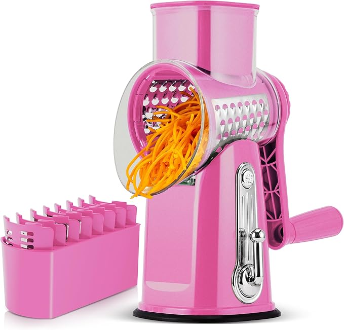 SUSTEAS Rotary Cheese Grater with Handle - Vegetable Shredder with 5 Well-designed Blades & Strong Suction Base,Round Mandoline Slicer & Food Chopper for Kitchen,with Blade Storage Box(Pink) by SUSTEAS