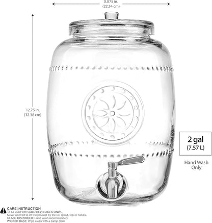 2.5 Gallon Glass Beverage Dispenser with Stainless Steel Spigot With Pinwheel Design 100% Leakproof Glass Drink Dispenser for Parties with Spout, Airtight Beverage Dispenser for Water Juice Laundry