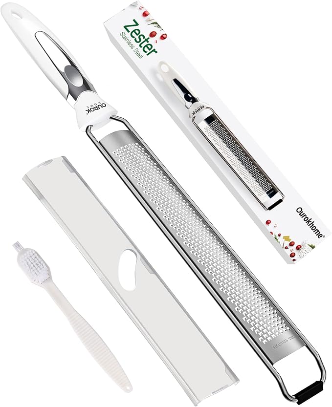 Ourokhome Kitchen Lemon Zester, Stainless Steel Hand Held Parmesan Cheese Grater for Ginger, Chocolate, Coconut, Lime, Nutmeg, Citrus, Fruit, Vegetable with Cleaning Brush, Dishwasher safe, White by Ourokhome