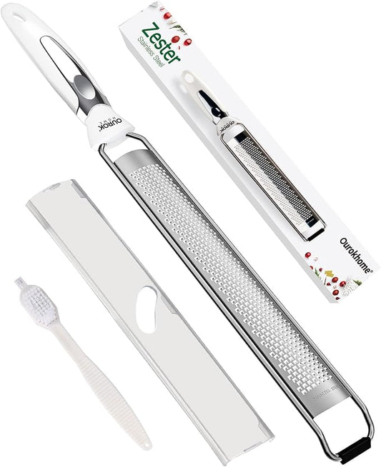 Ourokhome Kitchen Lemon Zester, Stainless Steel Hand Held Parmesan Cheese Grater for Ginger, Chocolate, Coconut, Lime, Nutmeg, Citrus, Fruit, Vegetable with Cleaning Brush, Dishwasher safe, White by Ourokhome