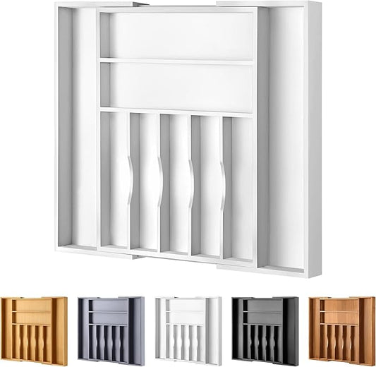 Large Premium Bamboo Silverware Organizer - Expandable Drawer Organizer & Utensil Organizer - 17"x19.7" Cutlery Tray with Dividers for Kitchen Utensils and Flatware (7-9 Slots) (White) by oridom