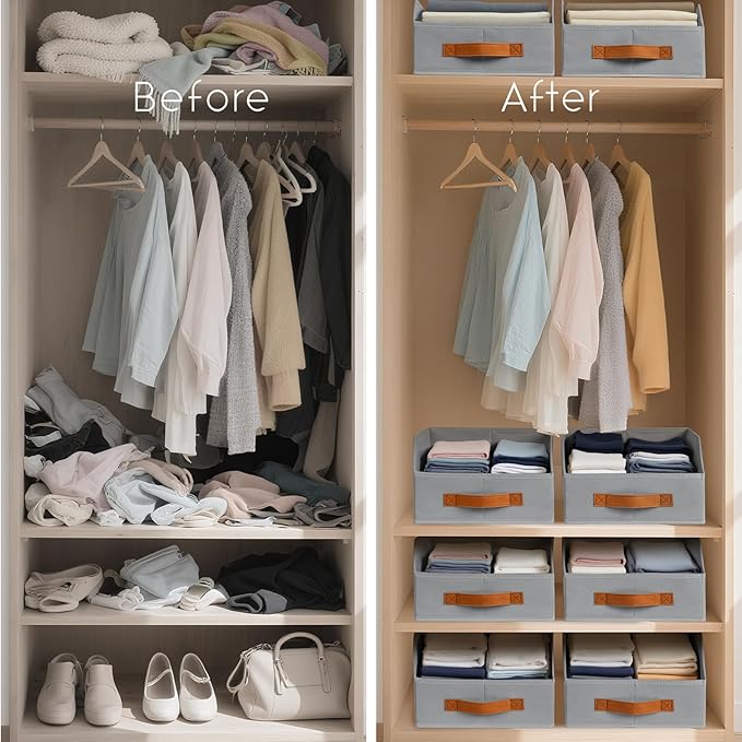 Homsorout Fabric Storage Bins for Organizing - 12 Pack Large Trapezoid Collapsible Storage Bins with Front Handle, Closet Organizers and Storage for Bedroom, Home Shelves, Small Spaces, Grey - Image 7