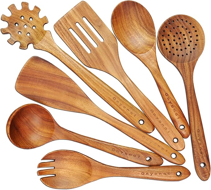 Wooden Spoons for Cooking,Wooden Utensils for Cooking 7 Pcs Wooden Cooking Utensils Wooden Kitchen Utensils Set Wooden Spatulas for Cooking, 14.37*4.13*3.54, Brown by Gnyonat