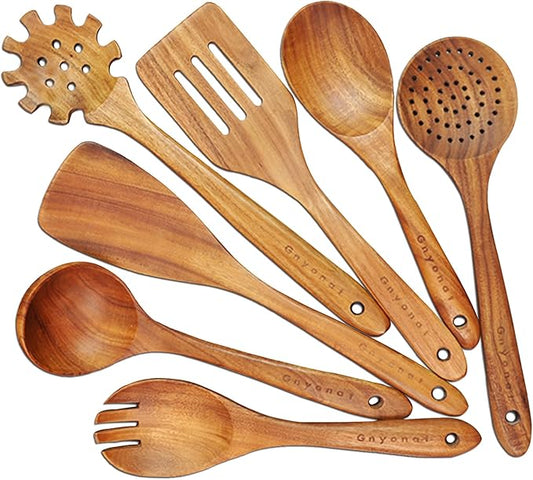 Wooden Spoons for Cooking,Wooden Utensils for Cooking 7 Pcs Wooden Cooking Utensils Wooden Kitchen Utensils Set Wooden Spatulas for Cooking, 14.37*4.13*3.54, Brown by Gnyonat