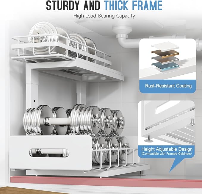 Under Sink Organizer Upgrade To Professional Rails,2-Tier Dual Pull Out Cabinet Storage,Height Adjustable Slide Out Drawers For Bathroom Kitchen,2 Pack-14.5"Dx12.8"-16.9"H,White - Image 4