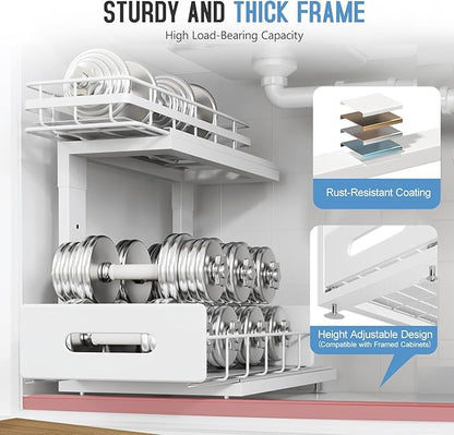 Under Sink Organizer Upgrade To Professional Rails,2-Tier Dual Pull Out Cabinet Storage,Height Adjustable Slide Out Drawers For Bathroom Kitchen,2 Pack-14.5"Dx12.8"-16.9"H,White - Image 4