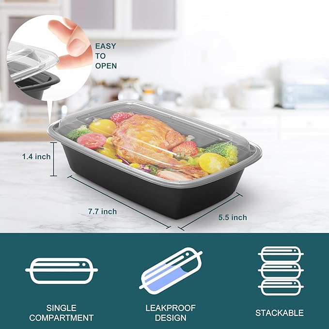 WGCC Meal Prep Containers Reusable - 50 Pack Food Storage Containers with Lids 16 oz - Disposable To Go Food Containers, BPA Free, Stackable, Microwave/Dishwasher/Freezer Safe, Black - Image 2