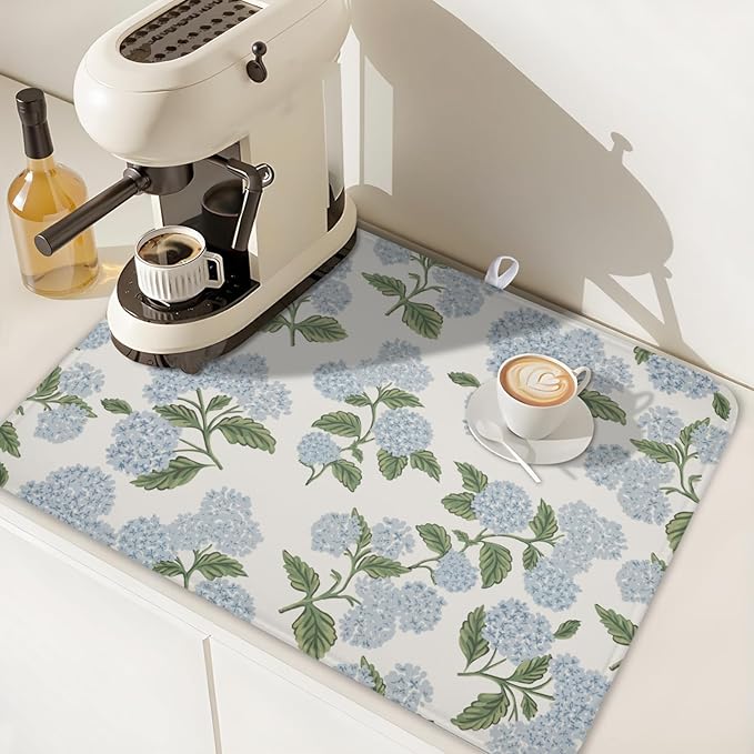 Blue Hydrangea Floral Dish Drying Mat for Kitchen Counter Spring Summer Vintage Flower Microfiber Dish Drainer Mat Rustic Farmhouse Absorbent Washable Drying Pad Extra Large 18"x24"
